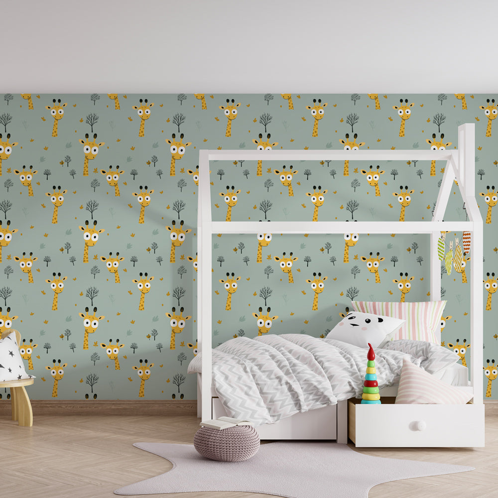 Playful giraffe wallpaper creating cozy reading corner in children's bedroom decor
