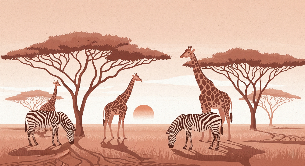 Kids-Mundo flat artwork of giraffes and zebras beneath acacia trees at a warm terracotta sunset