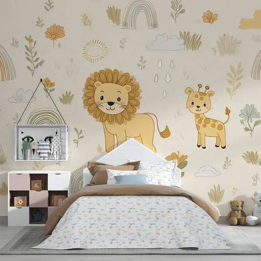 Kids-Mundo rainbow safari animal wall mural behind a cot in a kids bedroom