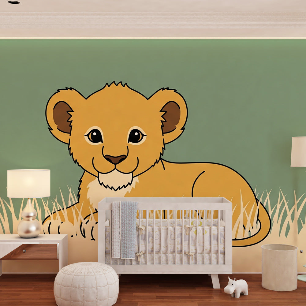 Cute lion savanna wallpaper creating peaceful baby room decor with soft earth tones