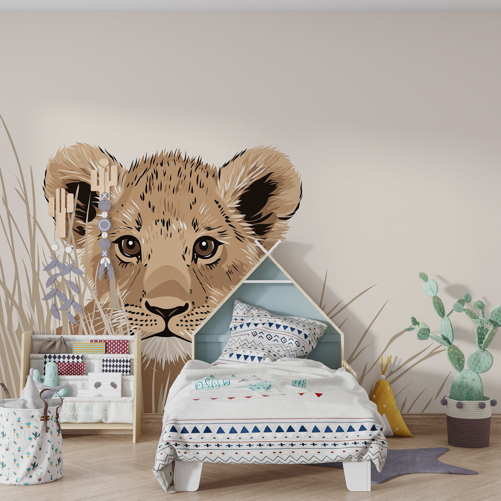 Safari lion wallpaper creating adventurous atmosphere in children's bedroom decor