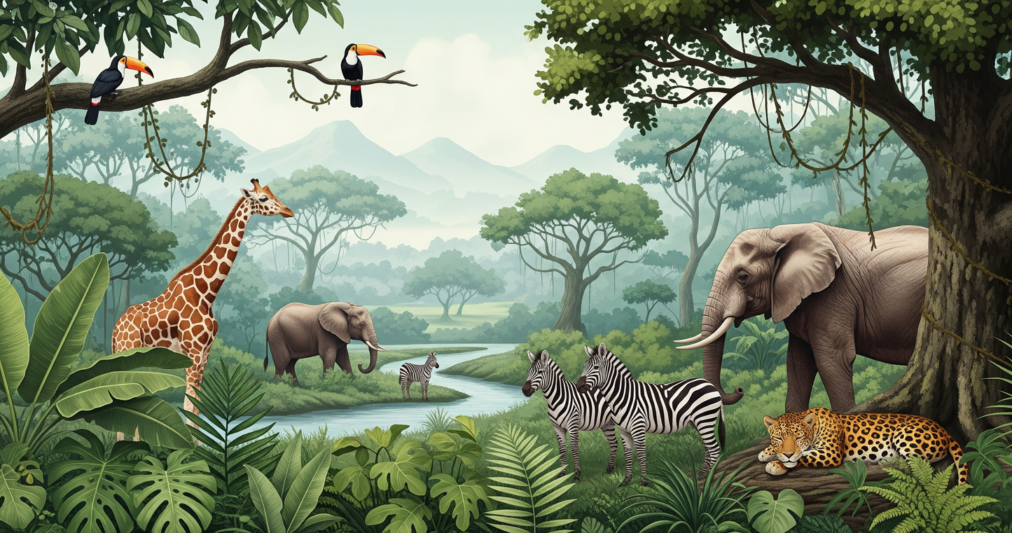 Kids-Mundo flat artwork of toucans, a giraffe, elephants and zebras beside a winding jungle river