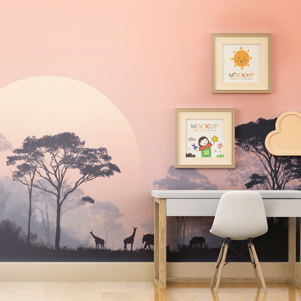 African safari wallpaper with pastel sunset colors decorating modern kids bedroom interior