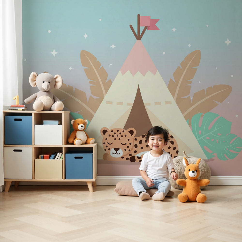 Safari tent mural wallpaper with sleeping leopard creating magical kids bedroom decor by Kids-Mundo