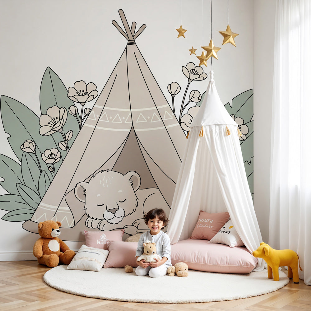 Safari tent and sleeping lion mural wallpaper in cozy nursery setting by Kids-Mundo