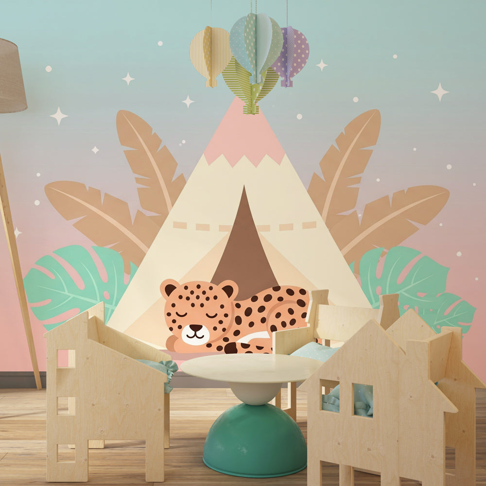 Tropical adventure mural wallpaper featuring tent and leopard in peaceful nursery setting