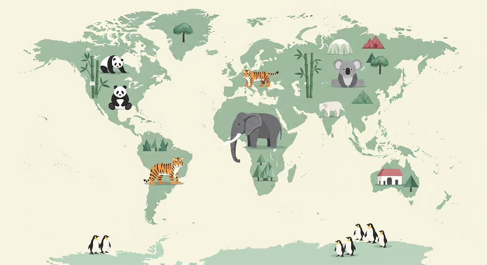 Kids-Mundo flat artwork of a sage green world map with pandas, tiger, elephant and polar bear