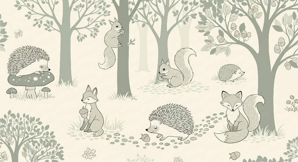 Kids-Mundo flat artwork preview of the sage green woodland wall mural with hedgehog, squirrel and fox