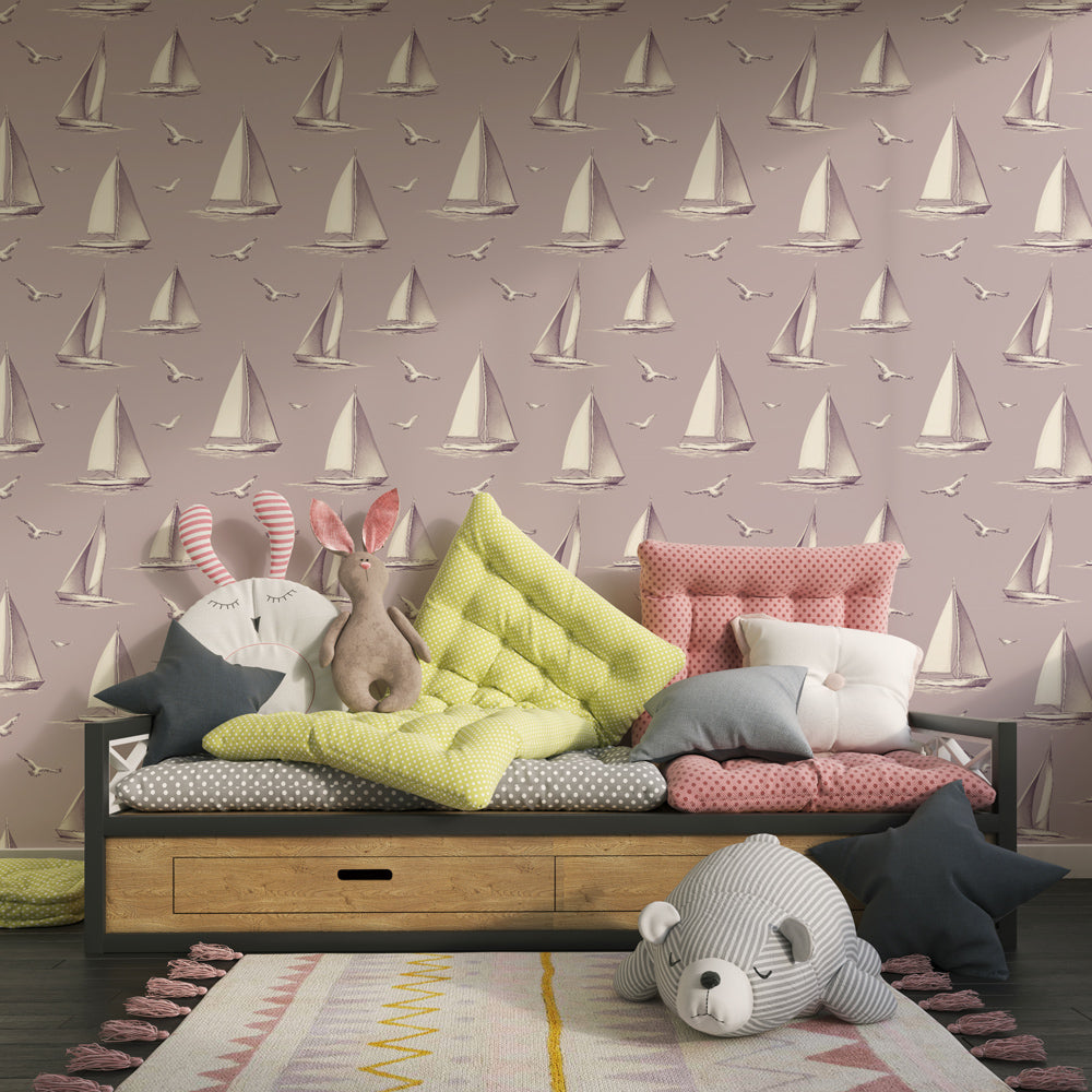 Nautical sailboat wallpaper transforming kids bedroom into peaceful maritime space by Kids-Mundo