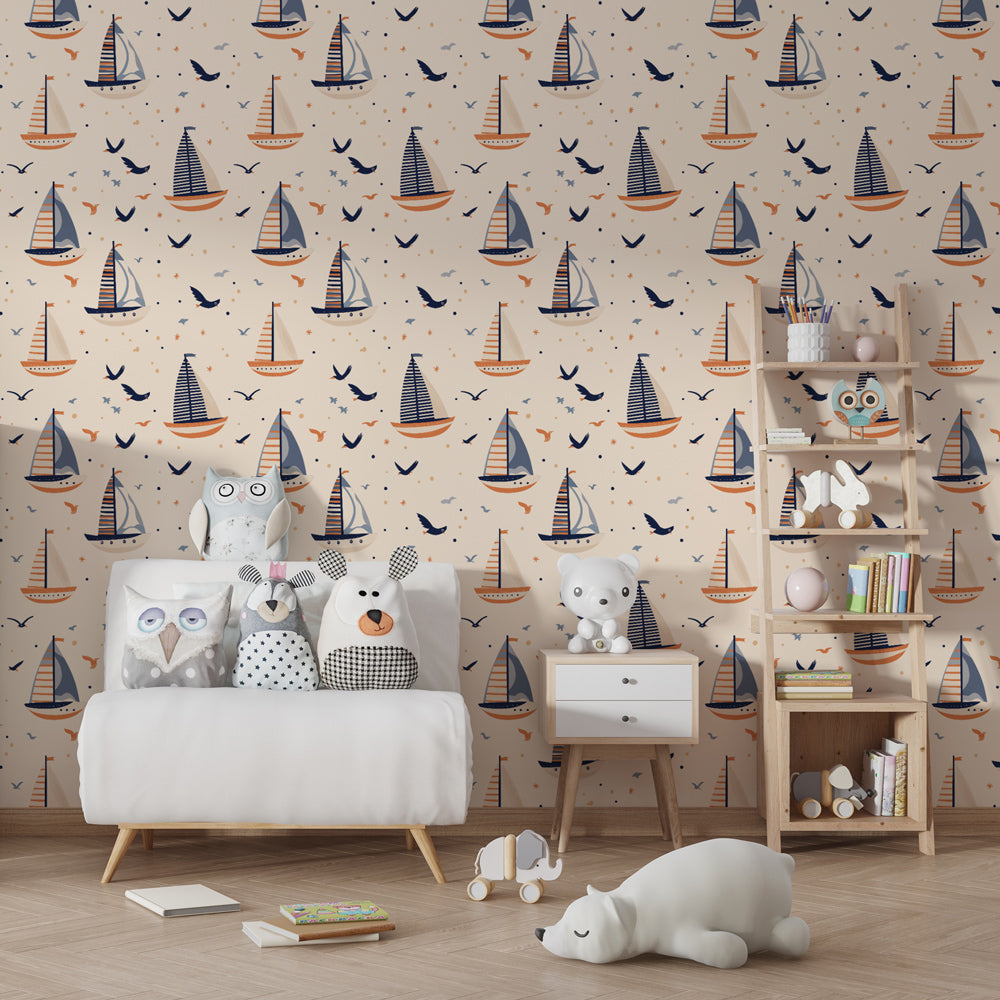 Ocean adventure sailboat wallpaper transforming children's bedroom with coastal charm by Kids-Mundo