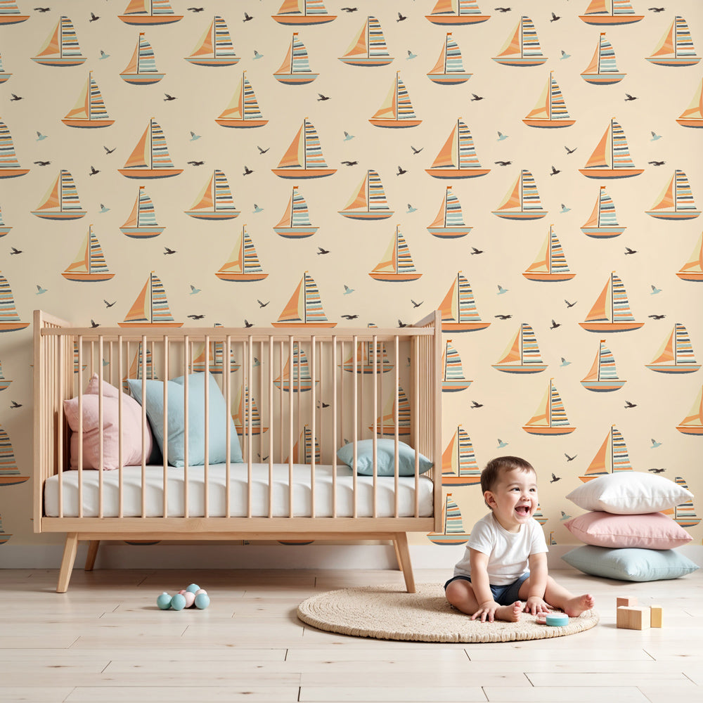 Colorful sailboat mural wallpaper creating peaceful maritime nursery decor by Kids-Mundo