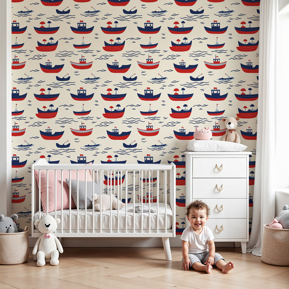 Colorful sailboat mural wallpaper in modern nursery with ocean theme by Kids-Mundo