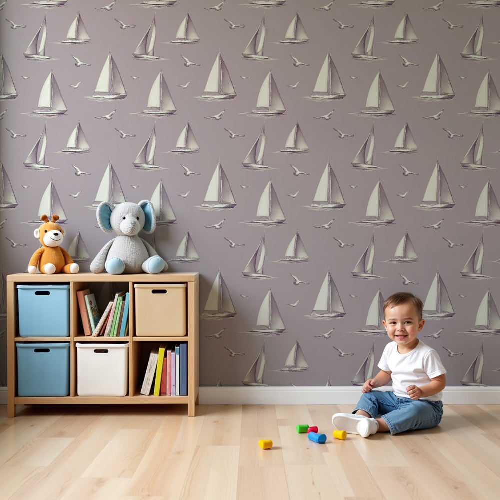 Sailboat mural wallpaper creating serene nautical nursery decor with elegant design by Kids-Mundo