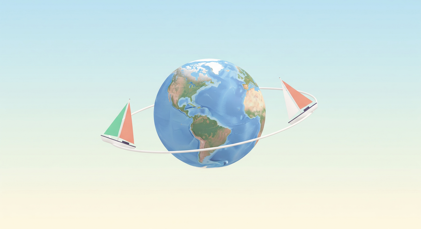 Kids-Mundo flat artwork of two sailing boats orbiting a detailed Earth globe