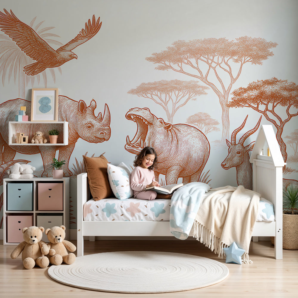 Savanna animals mural wallpaper in orange tones decorating modern nursery room by Kids-Mundo