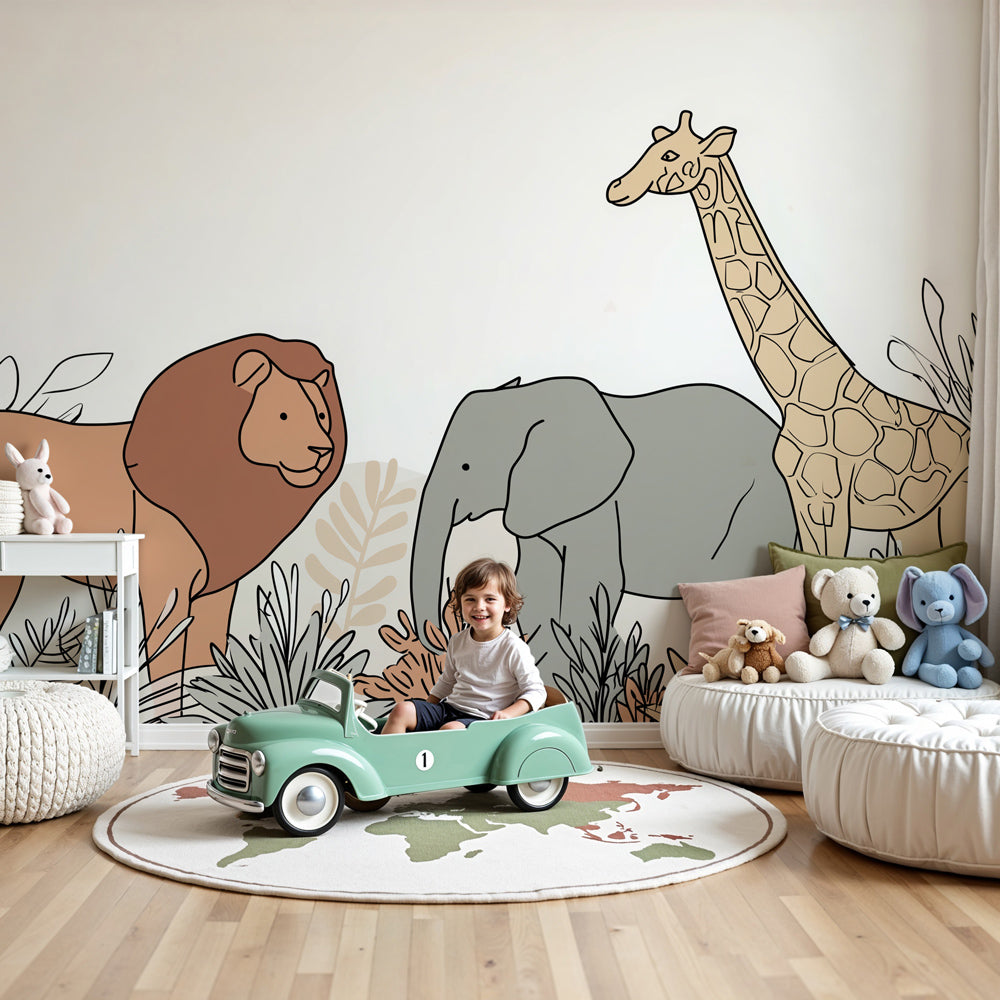 Savanna animals mural wallpaper featuring lion elephant giraffe in modern nursery by Kids-Mundo