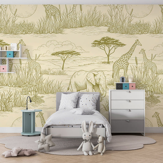 Kids-Mundo giraffe and elephant toile mural on a feature wall in a timeless kids bedroom
