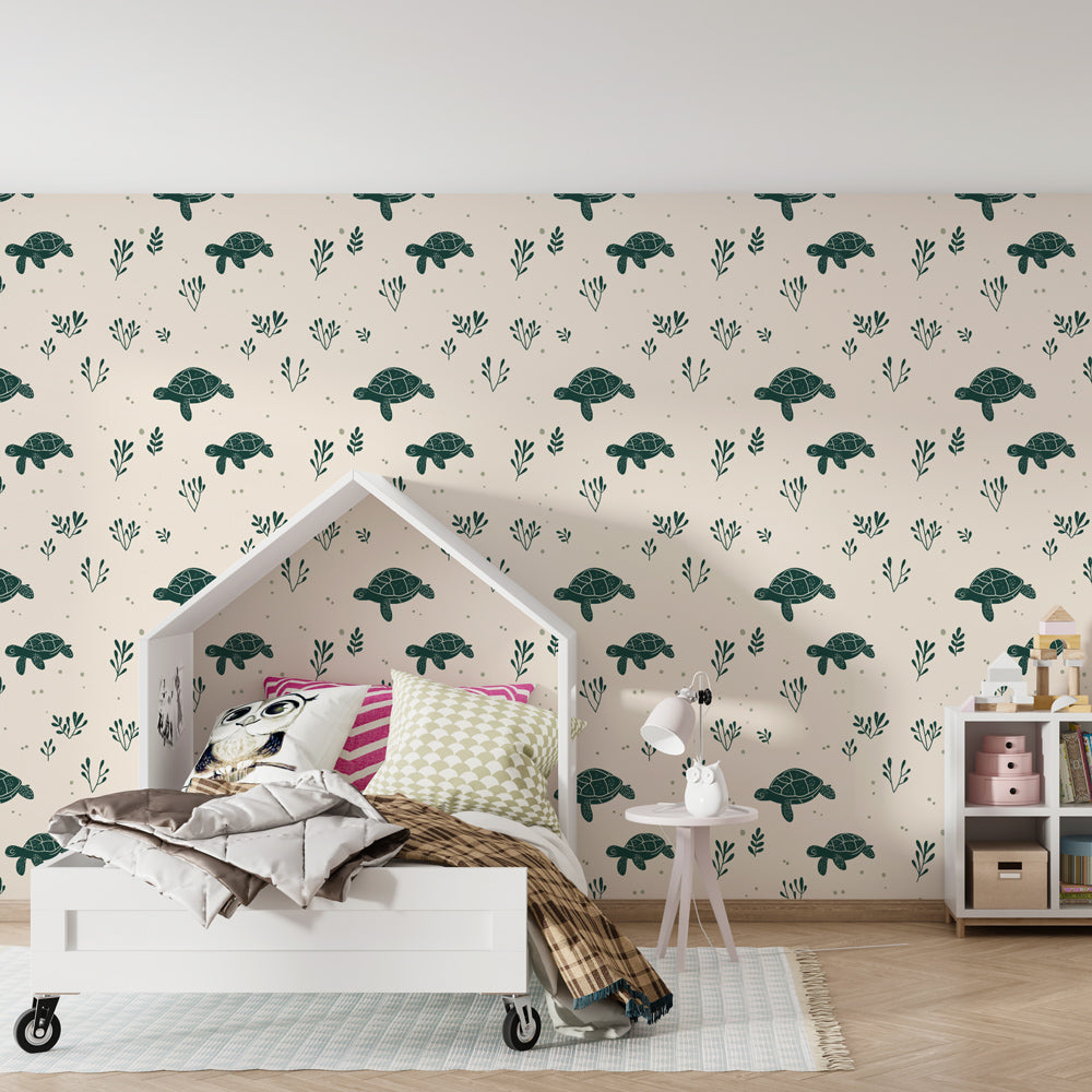 Ocean theme mural wallpaper with sea turtles in modern kids bedroom by Kids-Mundo