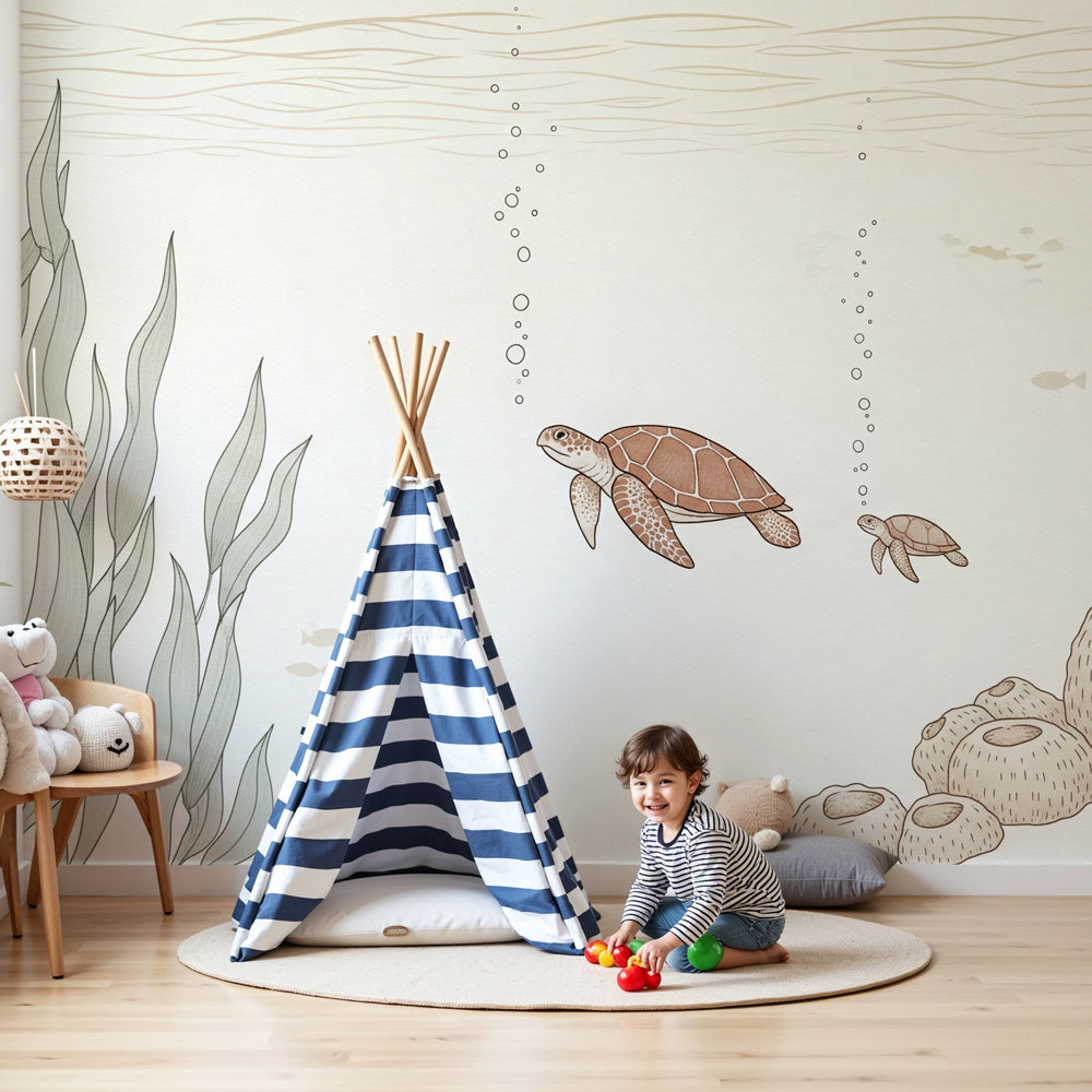 Sea turtle mural wallpaper in peaceful baby nursery with natural wood furniture by Kids-Mundo