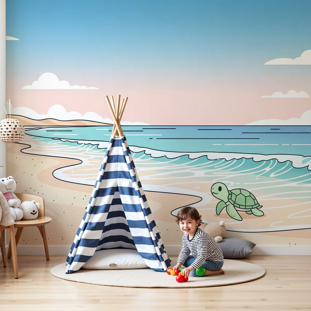 Sea turtle mural wallpaper creating peaceful ocean-themed nursery decor by Kids-Mundo
