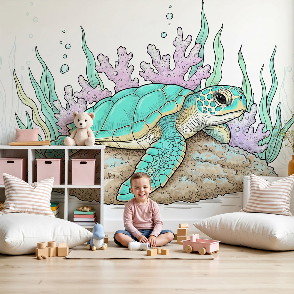 Sea turtle mural wallpaper creating peaceful underwater nursery decor by Kids-Mundo