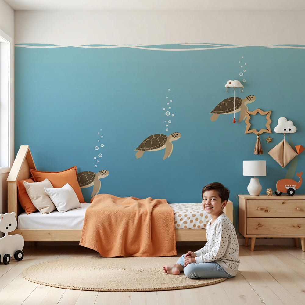 Sea turtle mural wallpaper creating peaceful underwater nursery decor by Kids-Mundo