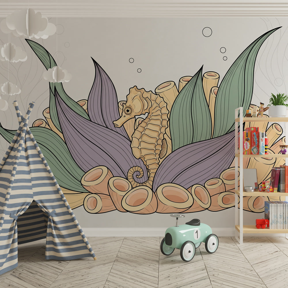 Ocean themed seahorse wallpaper transforming kids bedroom into underwater sanctuary