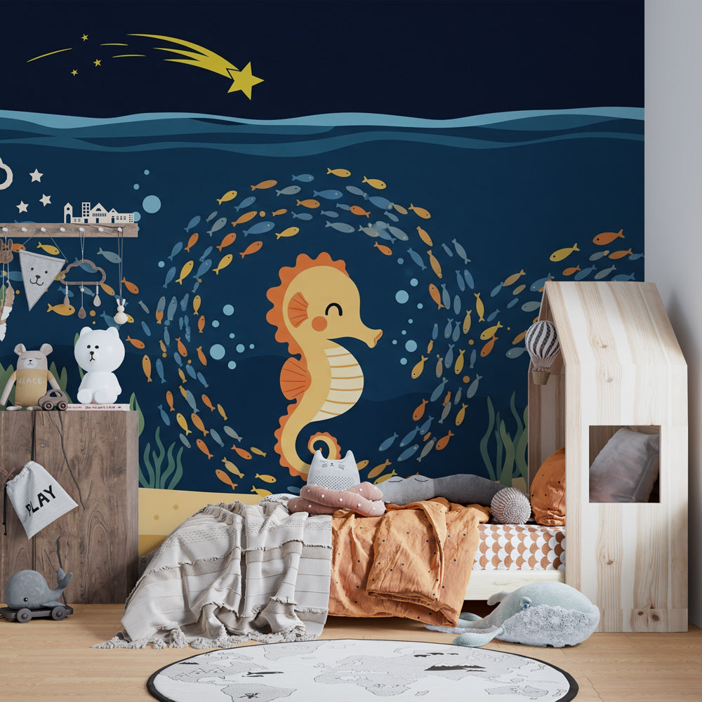 Underwater seahorse wallpaper creating magical ocean atmosphere in kids bedroom
