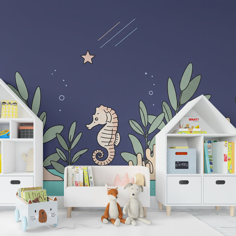 Ocean themed mural wallpaper with seahorse and coral design for modern baby bedroom by Kids-Mundo
