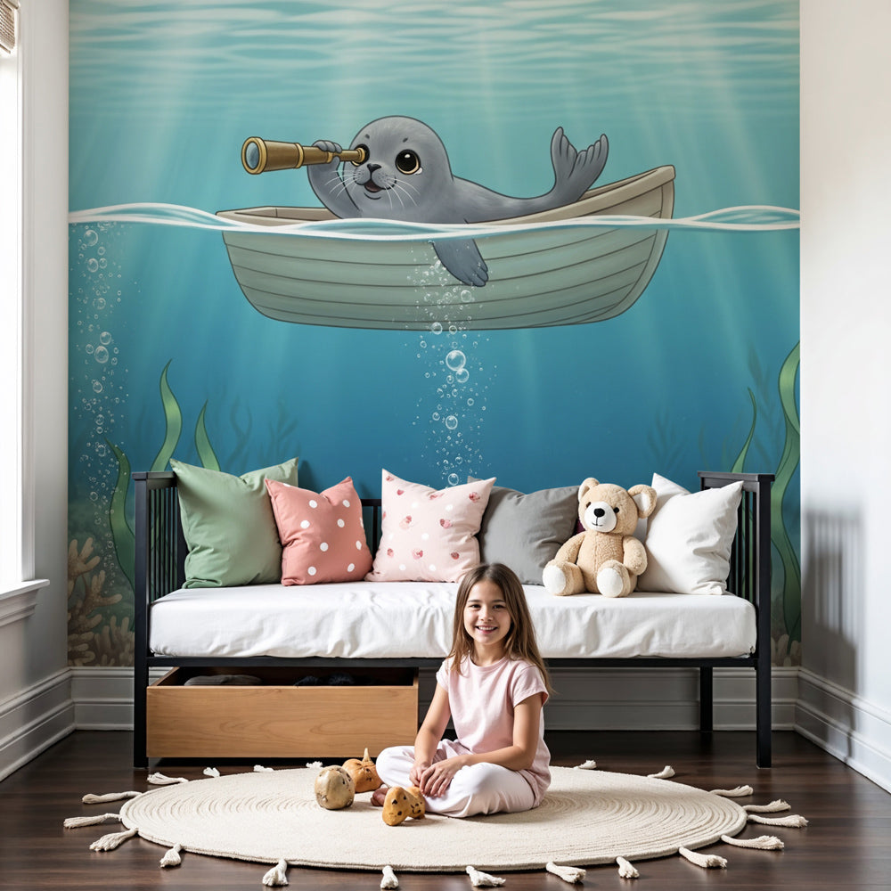 Seal explorer underwater mural wallpaper in modern nursery with ocean adventure theme by Kids-Mundo