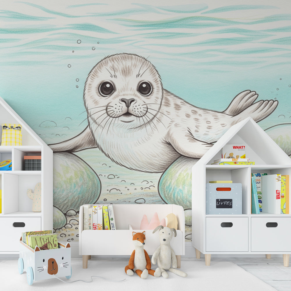 Marine themed seal wallpaper transforming modern kids bedroom with turquoise ocean design