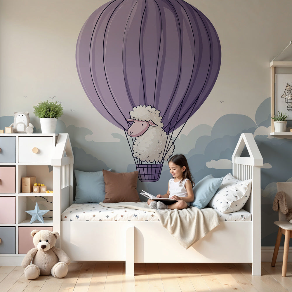 Sheep hot air balloon mural wallpaper in peaceful baby nursery with soft purple clouds by Kids-Mundo