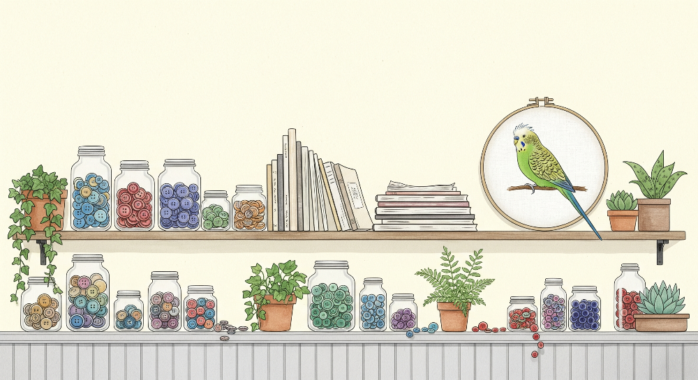 Cottage Shelf with Buttons, Books and a Budgie Wall Mural
