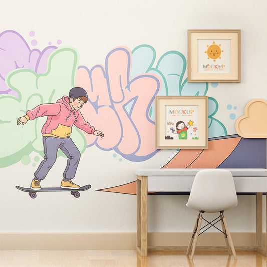 Kids-Mundo skateboard graffiti wall mural styled on a kids bedroom feature wall