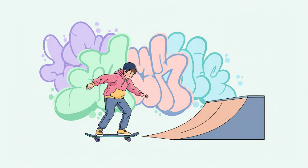 Skateboarding Boy and Pastel Graffiti Clouds Wall Mural
