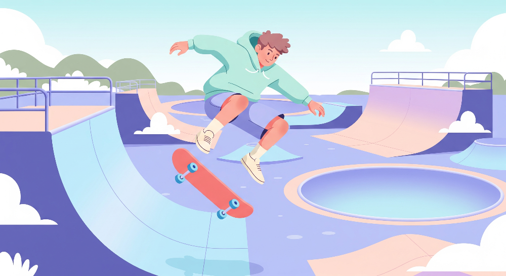 Skateboarder Soaring Over a Purple Skatepark Bowl Wall Mural