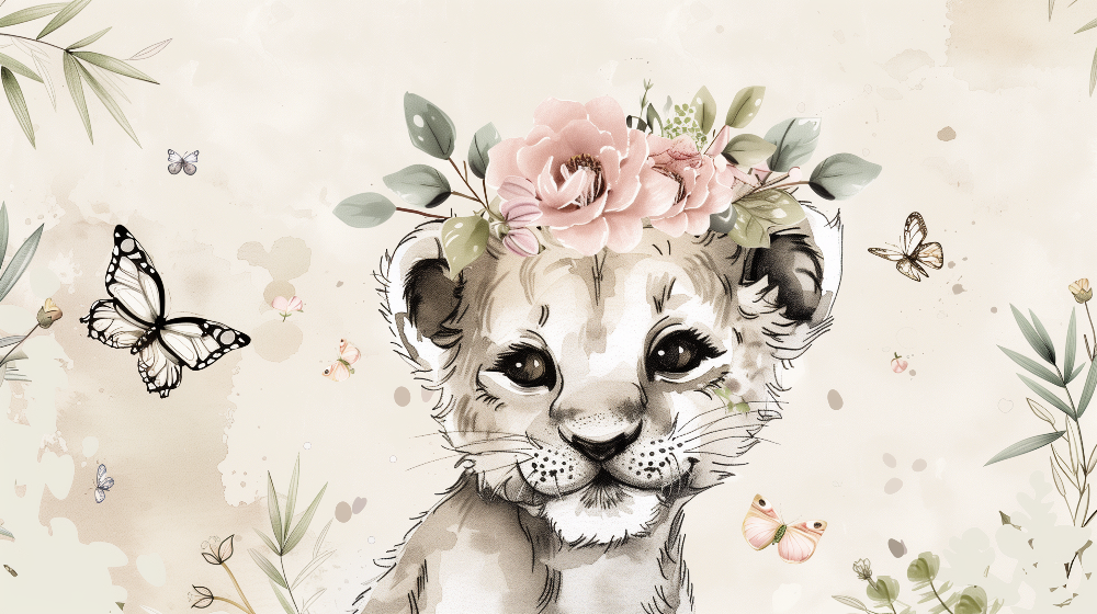 Sketch Lion Cub with Butterflies Wall Mural