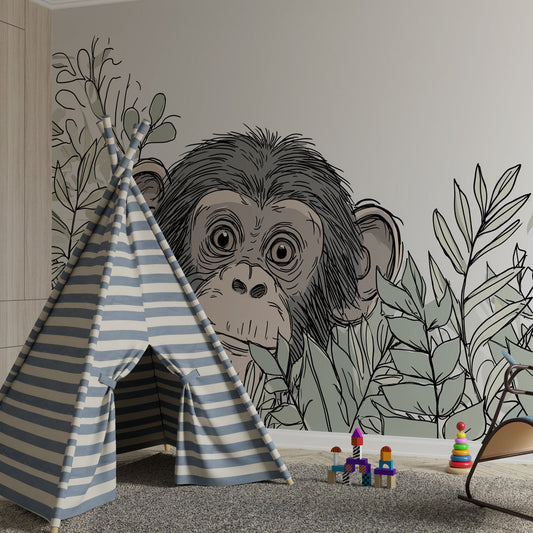 Kids-Mundo line-drawn monkey wall mural featured behind a bed in a child's bedroom