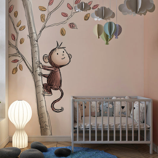 Kids-Mundo autumn tree monkey mural on a feature wall in a modern kids' bedroom with wooden bed.