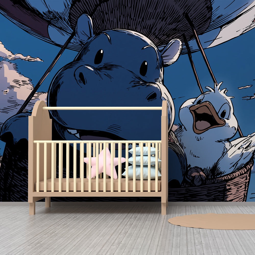 Hot air balloon animal wallpaper creating dreamy atmosphere in children's bedroom decor