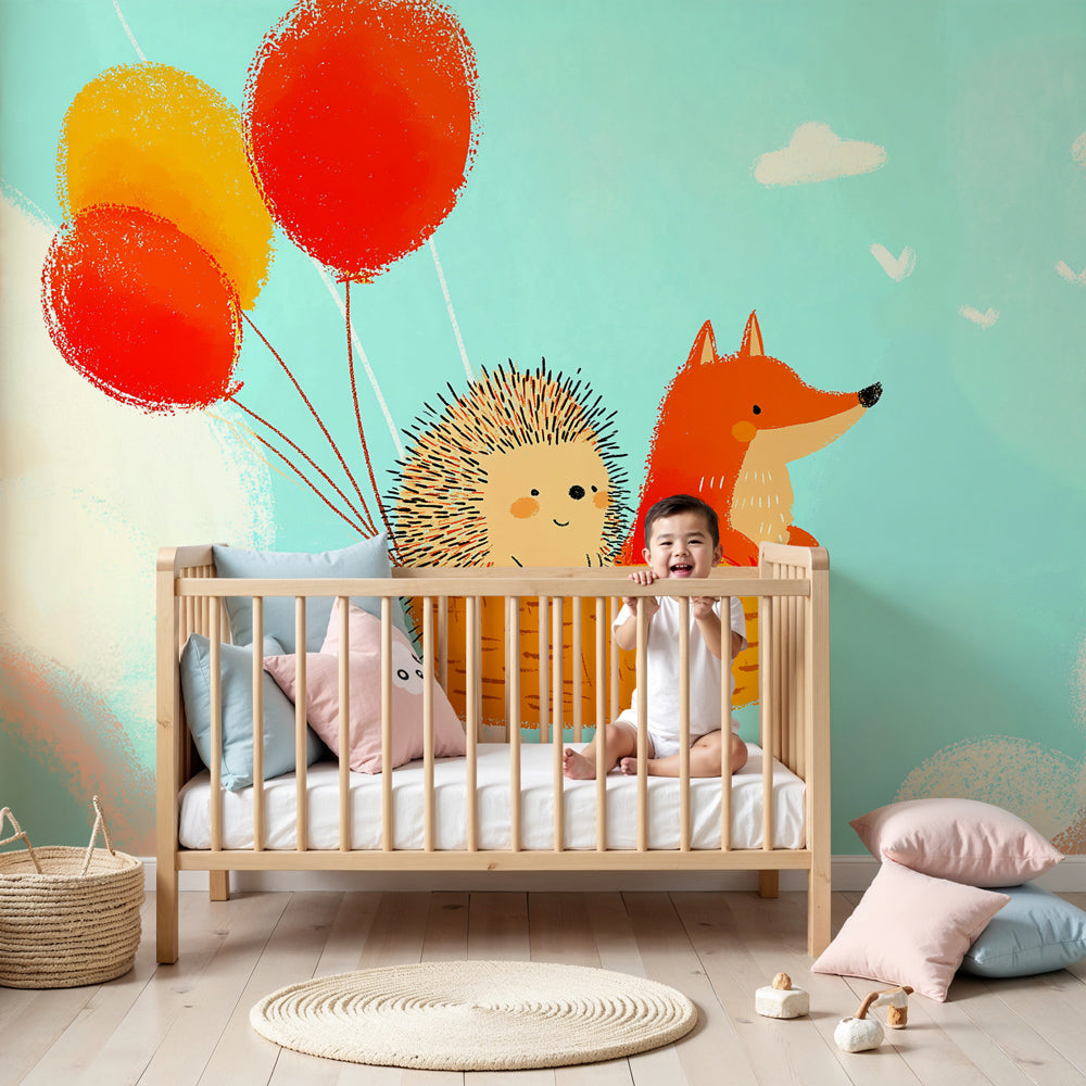 Sky adventure mural wallpaper with hedgehog and fox hot air balloons in modern nursery by Kids-Mundo