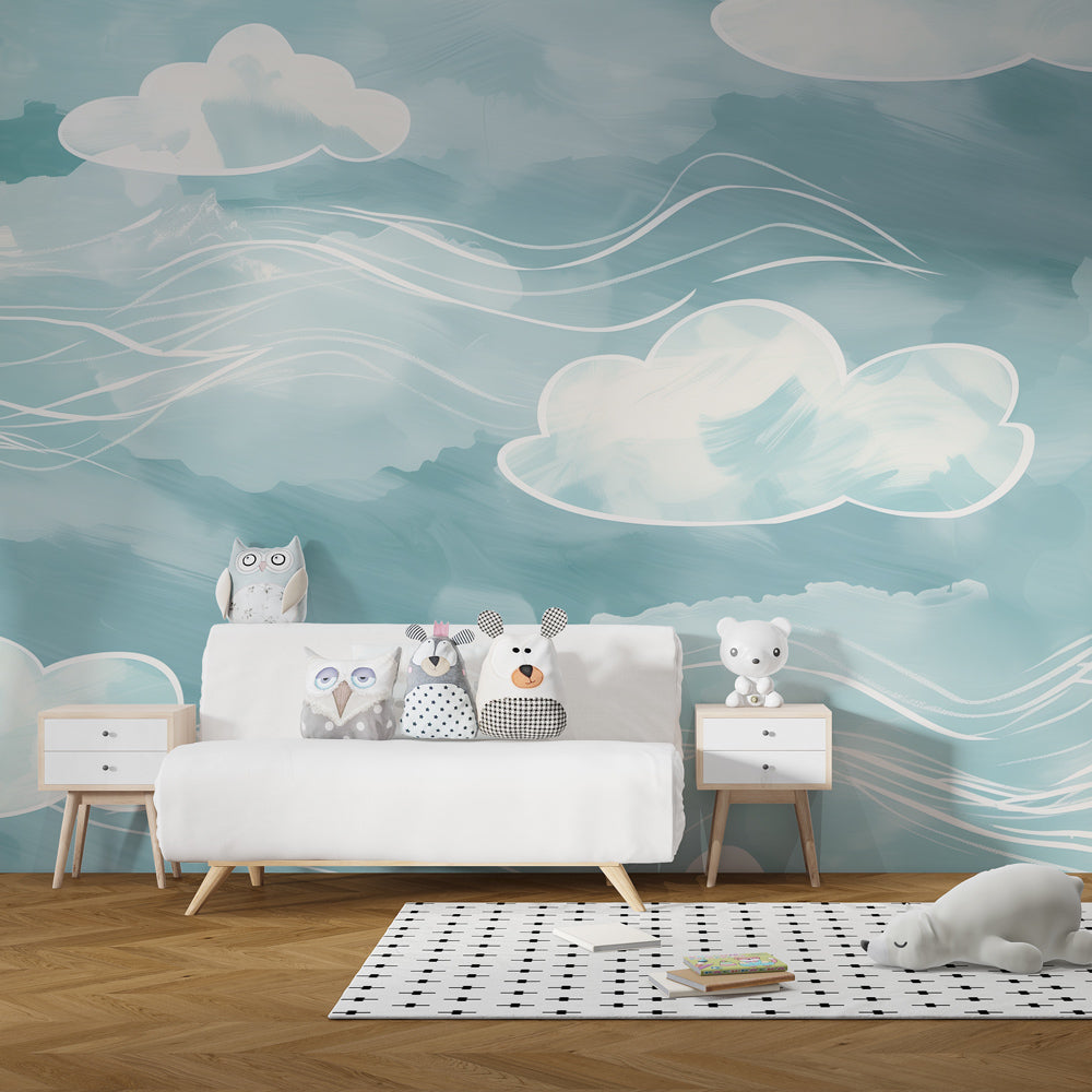 Blue cloud wallpaper creating dreamy atmosphere in children's bedroom decor