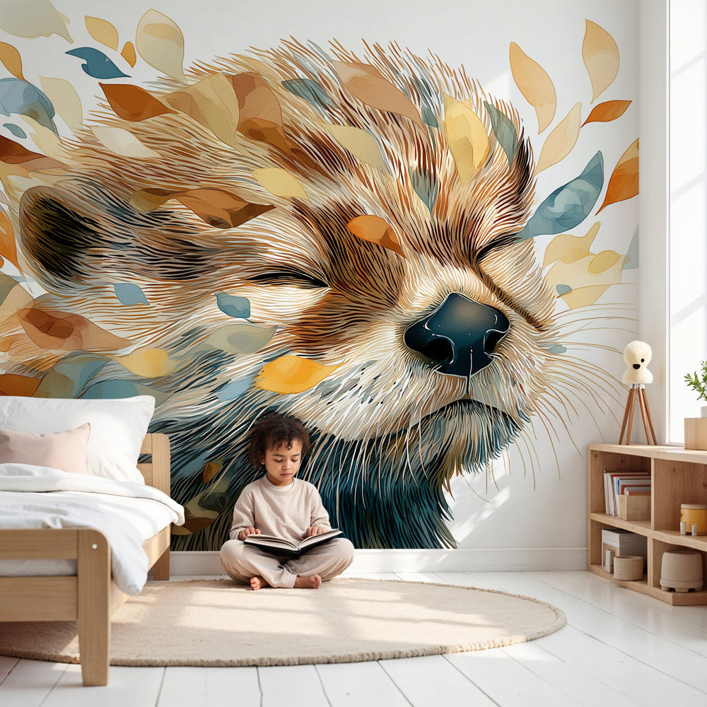 Sleeping animal mural wallpaper with colorful leaves in cozy nursery room by Kids-Mundo