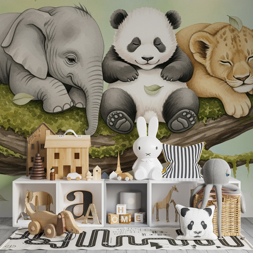 Tranquil kids bedroom featuring sleeping animals wallpaper with elephant, panda and lion on branch