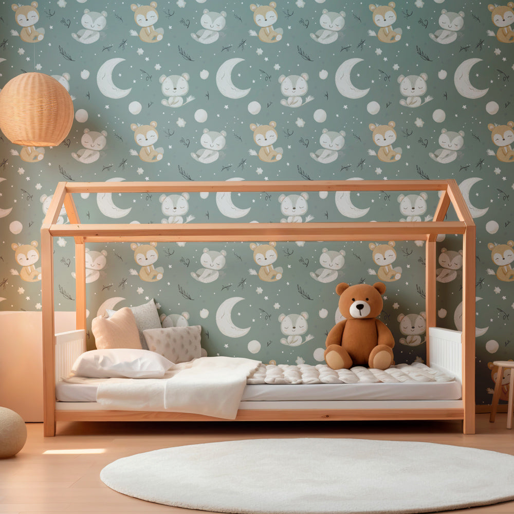 Peaceful sleeping animals wallpaper creating dreamy atmosphere in children's bedroom