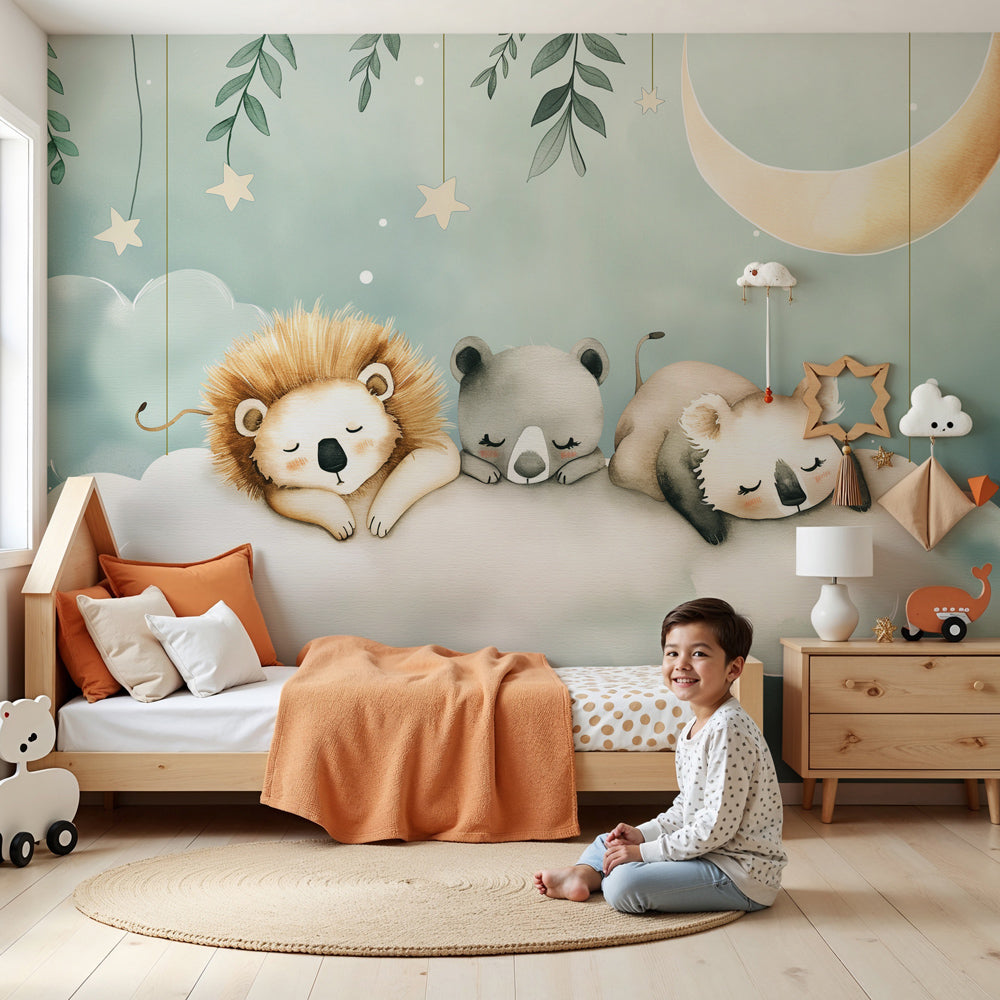 Sleeping animals cloud mural wallpaper in serene nursery with crib by Kids-Mundo