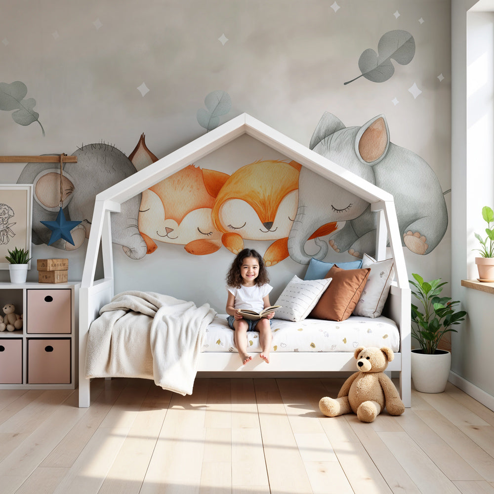 Sleeping animals mural wallpaper in peaceful nursery setting with soft lighting by Kids-Mundo