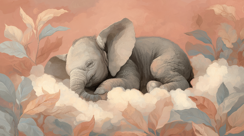 Sleeping Baby Elephant on Clouds Wall Mural