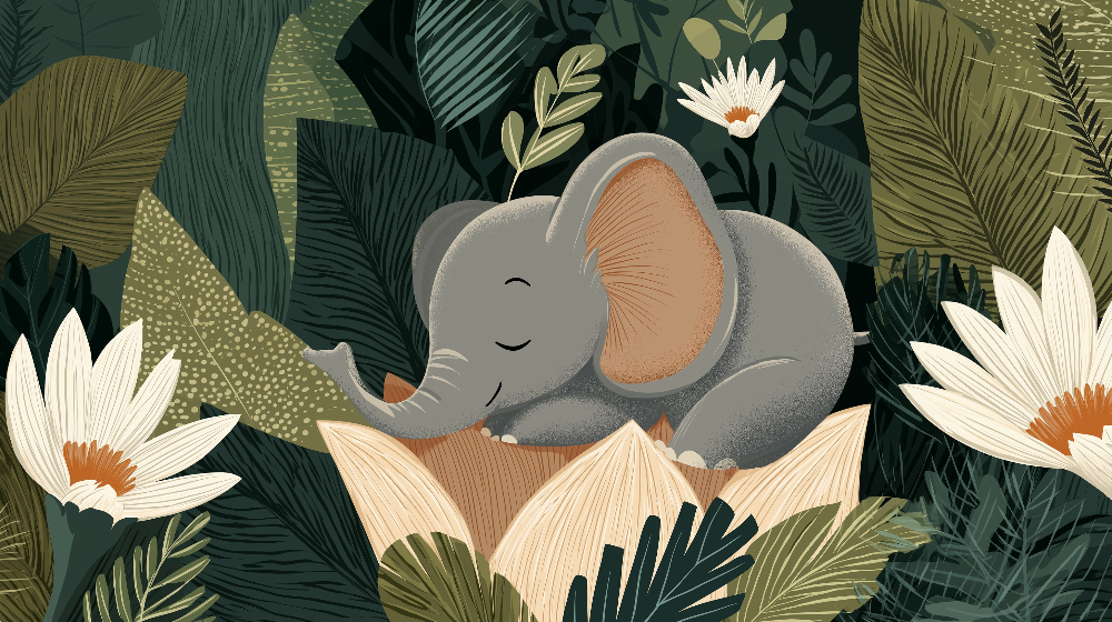 Kids-Mundo flat artwork of a sleeping baby elephant nestled among jungle petals