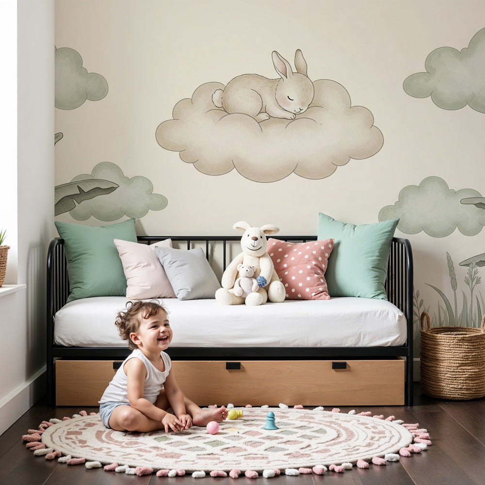 Sleeping bunny on cloud mural wallpaper in peaceful cream nursery with wooden crib by Kids-Mundo
